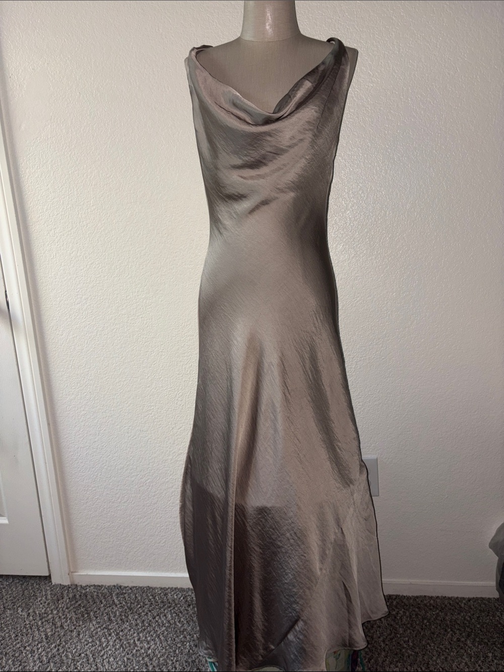 Zara Taupe Satin style Cowl Neck Maxi Dress